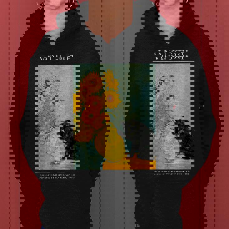 面白いゴッホ風変わりな猫とひまわりの花瓶パロディアート レディースパーカー