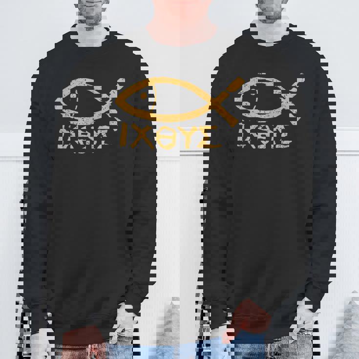 Ichthys イエス・キリスト 神の息子 救世主 古代魚のシンボル スウェットシャツ 高齢者への贈り物