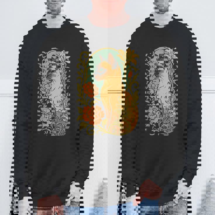 エレガントなガーデンフローラルに囲まれたヴィンテージシャム猫 スウェットシャツ 高齢者への贈り物