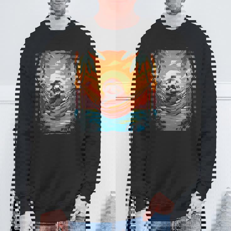 ナマケモノ ハンモック トロピカル サンセット リラクゼーション ヤシの木 平和 長袖tシャツ スウェットシャツ 高齢者への贈り物