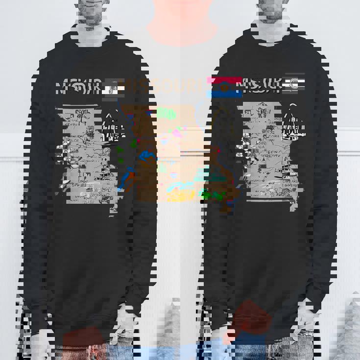 ミズーリ州のランドマーク、主要都市、道路、旗の地図 スウェットシャツ 高齢者への贈り物