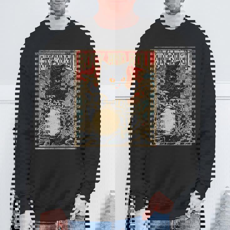 猫 演奏 ドラム ロック オン ヴィンテージ ロック ドラマー 猫 長袖tシャツ スウェットシャツ 高齢者への贈り物