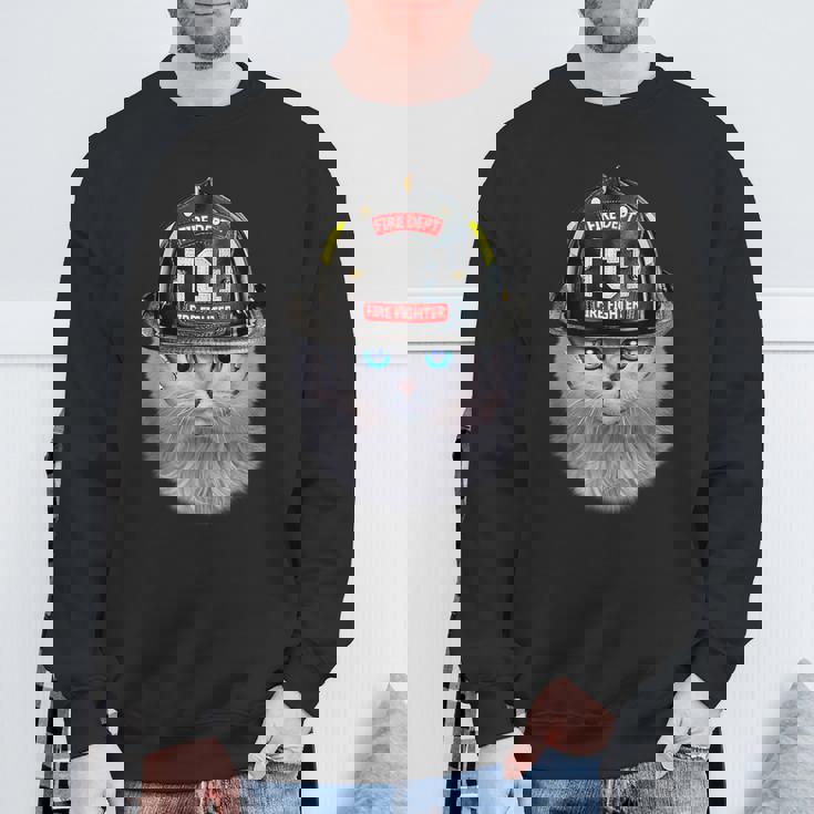 白いペルシャ猫 ねこ 消防士 スウェットシャツ 高齢者への贈り物