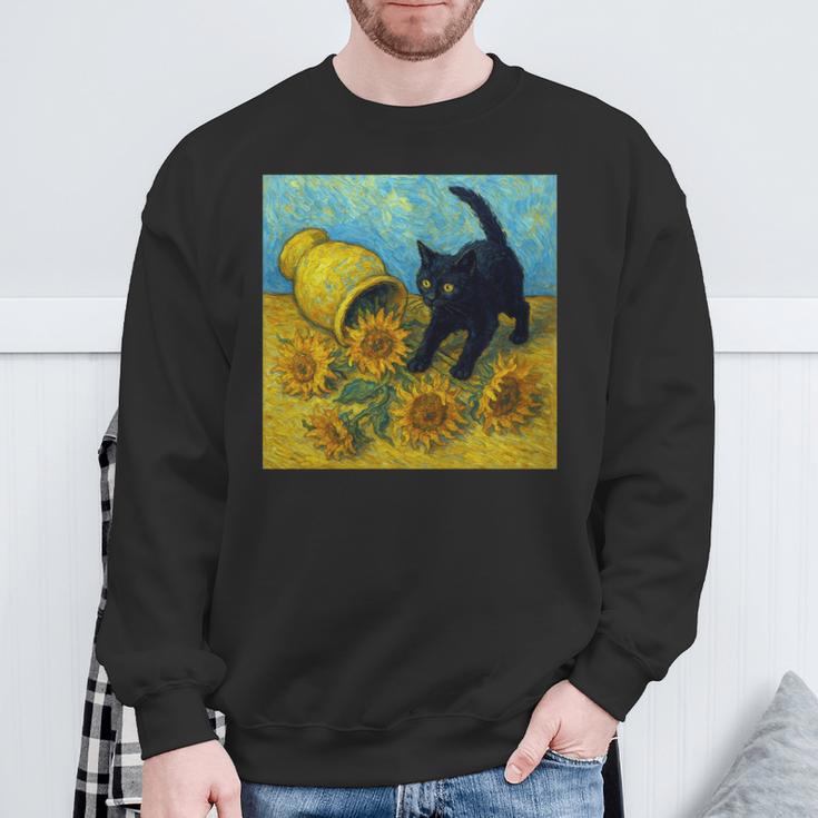 面白いゴッホのひまわり、猫のミーム、黒猫のアート。 長袖tシャツ スウェットシャツ 高齢者への贈り物