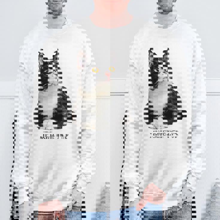 Mischief In Fur 猫写真 ハチワレ猫 黒白猫 猫好き ネタ 猫しもべ 猫飼い 猫依存症 長袖tシャツ スウェットシャツ 高齢者への贈り物