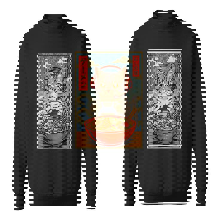 かわいい カワイイ ゲーマー猫 ラーメン ゲーム好き 猫好き向け 面白い デザイン レトロ 和風 日本 アニメ スウェットシャツ