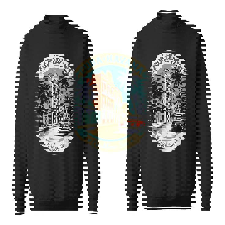 キューバ ハバナ レトロ 車 ヴィンテージ カリブ海のヤシの木 スウェットシャツ