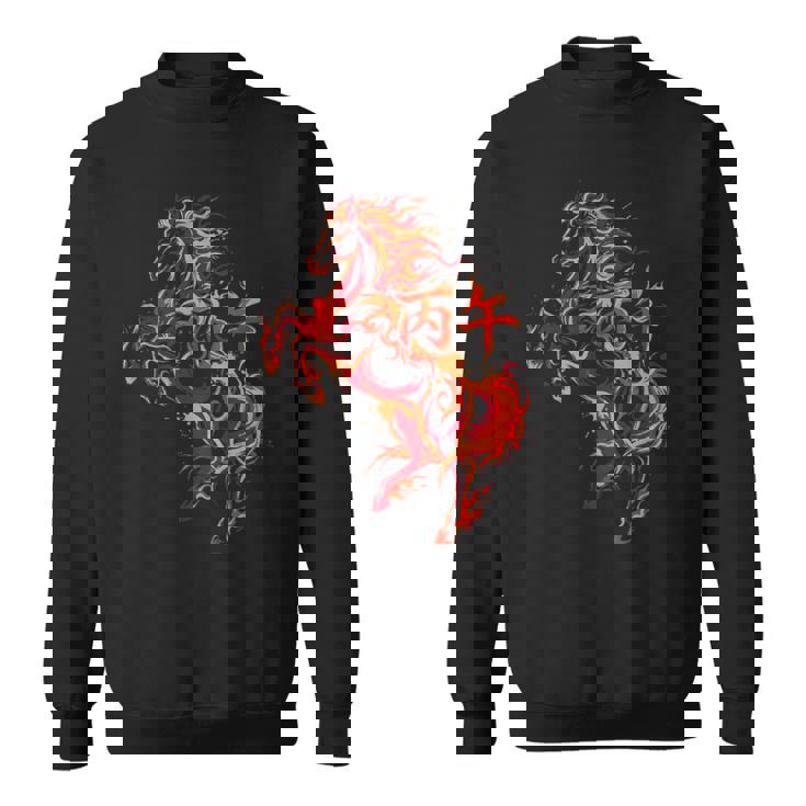 丙午 火の馬 墨絵 ストリートアート 筆文字 和柄 漢字 グラフィック 赤い炎 デザイン 日本風 スウェットシャツ