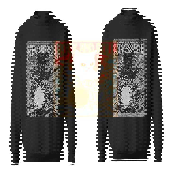 猫 演奏 ドラム ロック オン ヴィンテージ ロック ドラマー 猫 長袖tシャツ スウェットシャツ