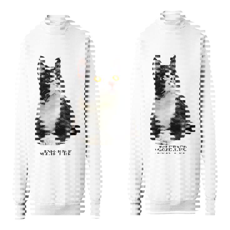 Mischief In Fur 猫写真 ハチワレ猫 黒白猫 猫好き ネタ 猫しもべ 猫飼い 猫依存症 長袖tシャツ スウェットシャツ