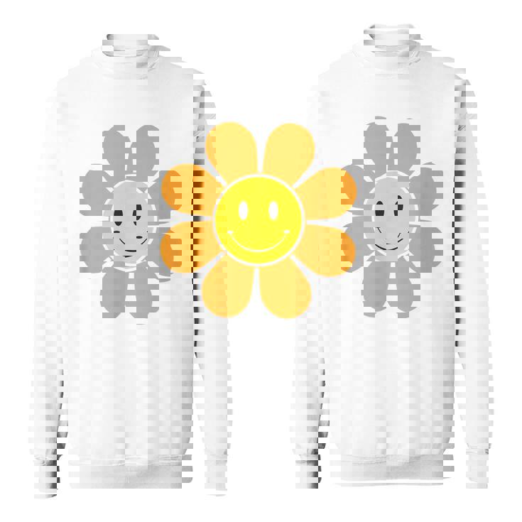 オレンジ70年代レトロファンキーフラワー、イエロースマイルフェイス スウェットシャツ