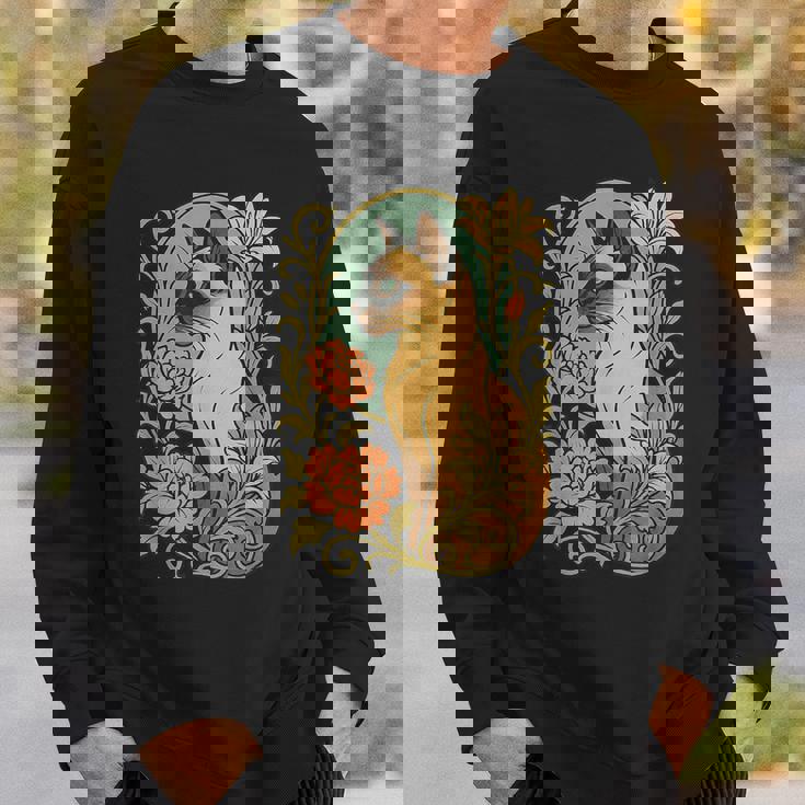 エレガントなガーデンフローラルに囲まれたヴィンテージシャム猫 スウェットシャツ 彼への贈り物