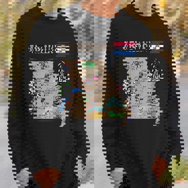 ミズーリ州のランドマーク、主要都市、道路、旗の地図 スウェットシャツ 彼への贈り物