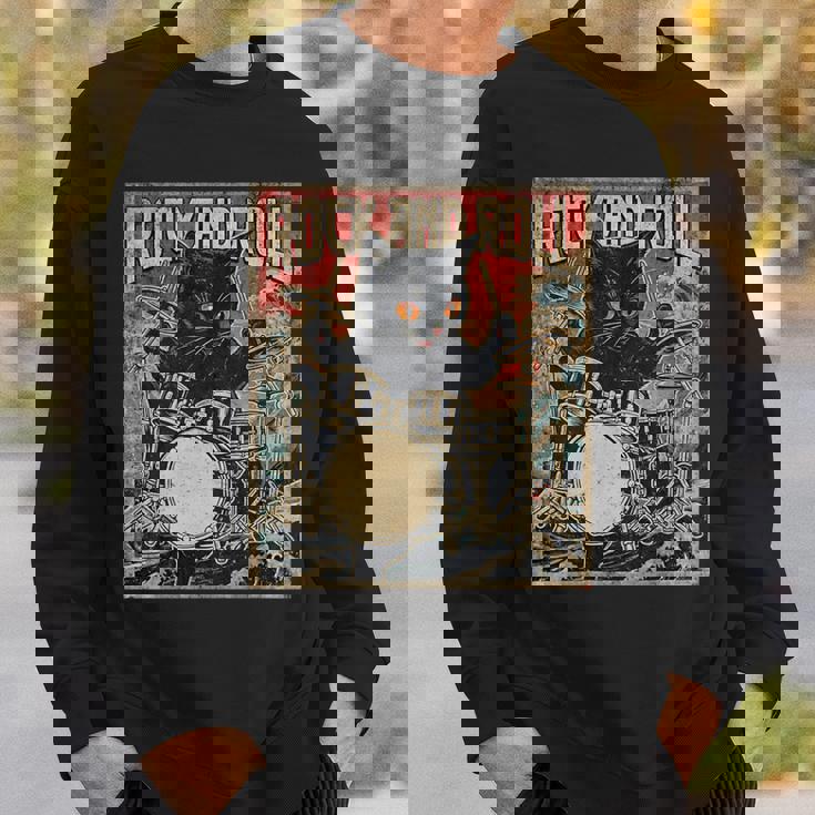 猫 演奏 ドラム ロック オン ヴィンテージ ロック ドラマー 猫 長袖tシャツ スウェットシャツ 彼への贈り物