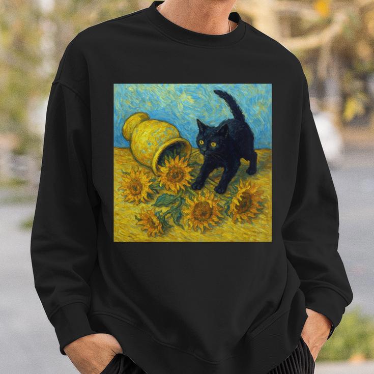 面白いゴッホのひまわり、猫のミーム、黒猫のアート。 長袖tシャツ スウェットシャツ 彼への贈り物