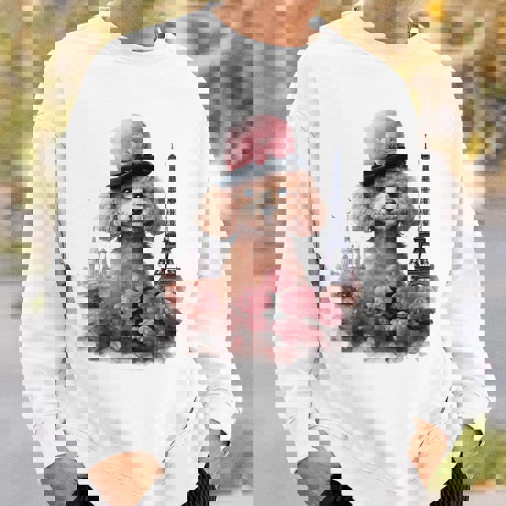 かわいい フランス パリ エッフェル塔 トイプードル パリジャンプードル 長袖tシャツ スウェットシャツ 彼への贈り物