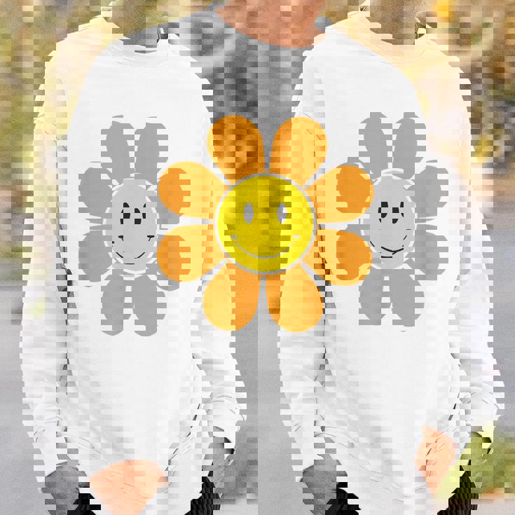 オレンジ70年代レトロファンキーフラワー、イエロースマイルフェイス スウェットシャツ 彼への贈り物