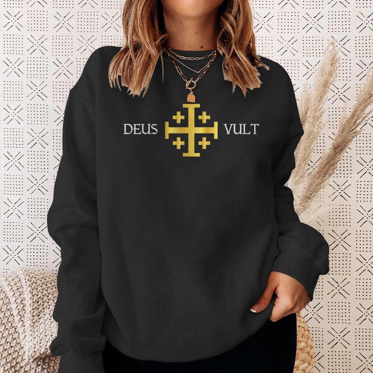 Deus Vult Knights Templar Jerusalem Cross Catholic Faith Sweatshirt Gifts for Her