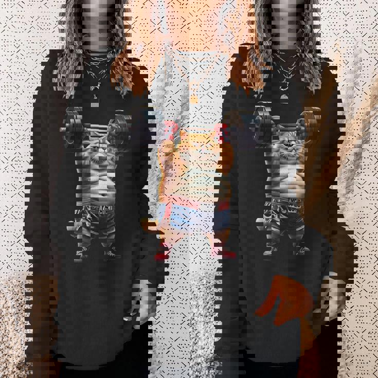 ギャグ ぽっちゃり猫 筋トレ ウエイトリフティング ジム 面白い グラフィック猫ミーム スウェットシャツ 彼女への贈り物