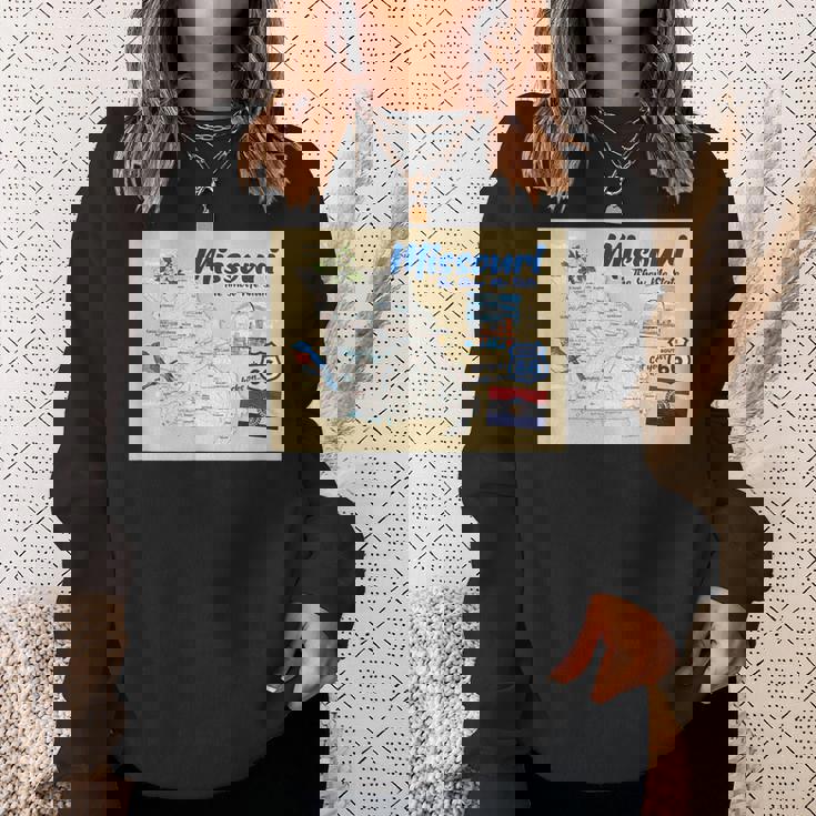 ミズーリ州、マップフラッグアーチブルーバードフラワーランドマーク スウェットシャツ 彼女への贈り物