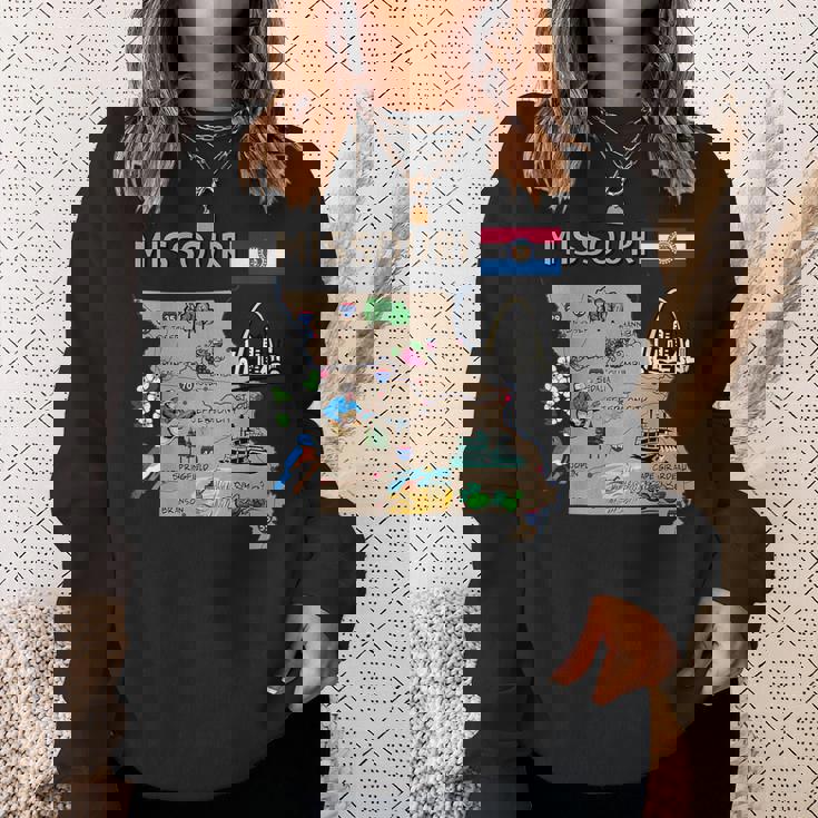 ミズーリ州のランドマーク、主要都市、道路、旗の地図 スウェットシャツ 彼女への贈り物