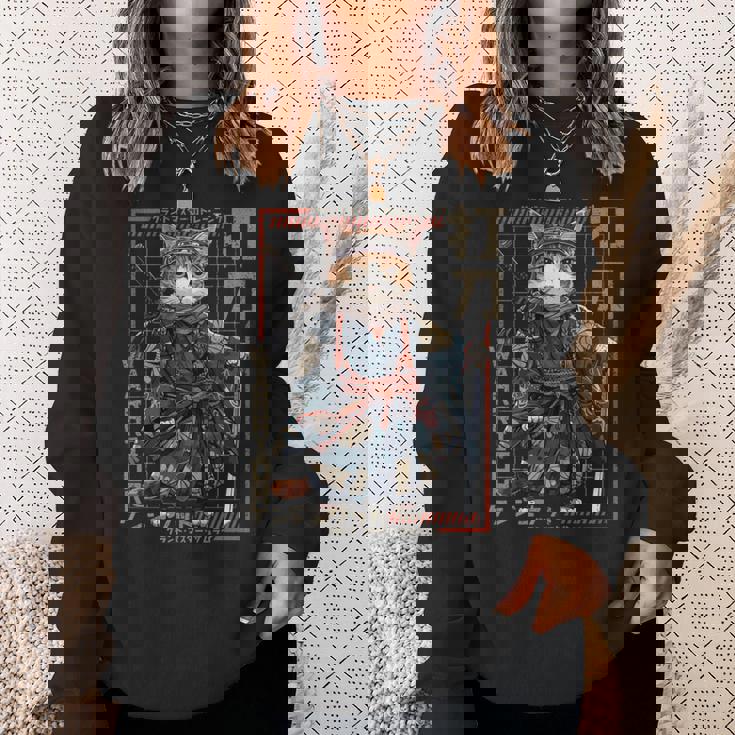 レトロな侍猫 戦士の猫 長袖tシャツ スウェットシャツ 彼女への贈り物