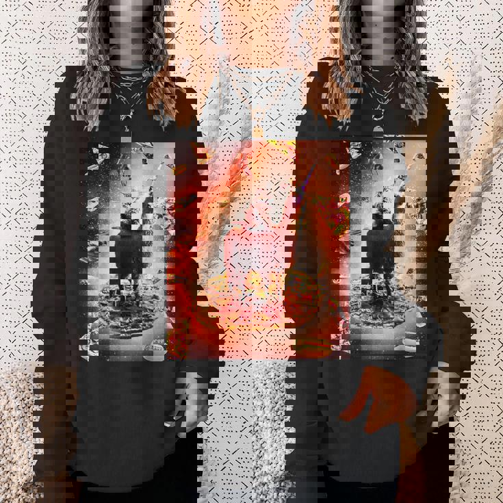 宇宙 猫 ライディング ラマ ユニコーン ピザ スウェットシャツ 彼女への贈り物