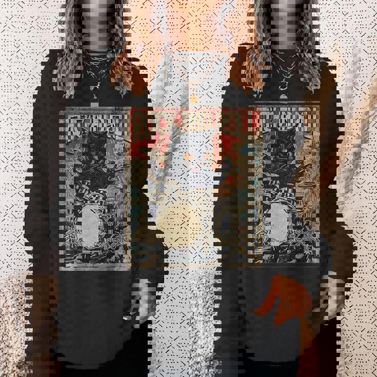 猫 演奏 ドラム ロック オン ヴィンテージ ロック ドラマー 猫 長袖tシャツ スウェットシャツ 彼女への贈り物