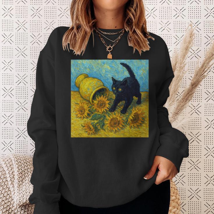 面白いゴッホのひまわり、猫のミーム、黒猫のアート。 長袖tシャツ スウェットシャツ 彼女への贈り物