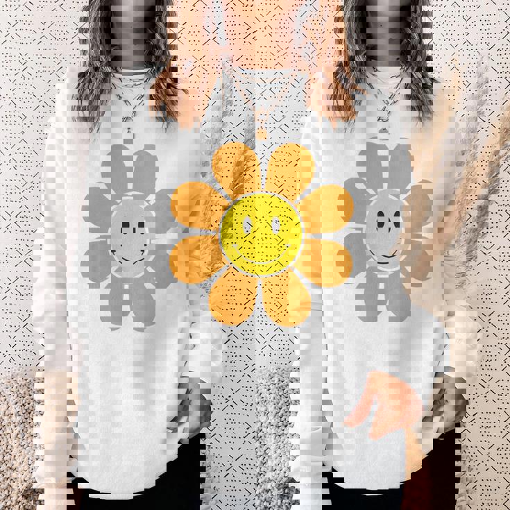 オレンジ70年代レトロファンキーフラワー、イエロースマイルフェイス スウェットシャツ 彼女への贈り物