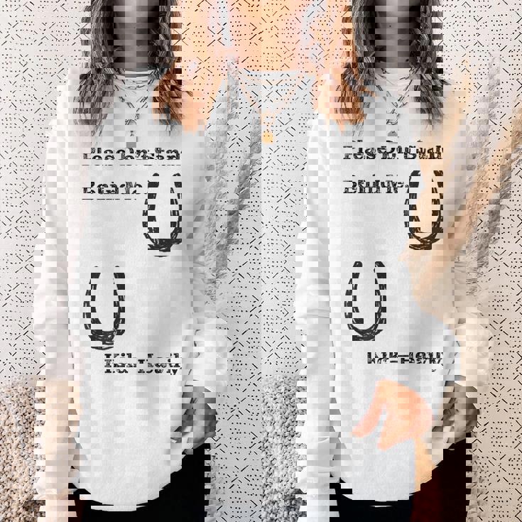 後蹴りに注意 蹄鉄 馬好き 馬術部 キッズ 大人 親子ペア バックプリント スウェットシャツ 彼女への贈り物