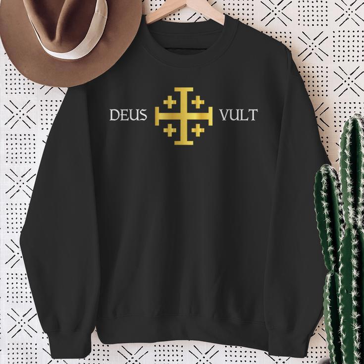 Deus Vult Knights Templar Jerusalem Cross Catholic Faith Sweatshirt Gifts for Old Women