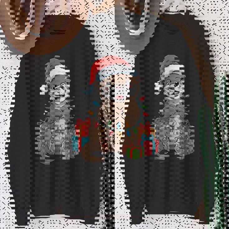 Otter Santa Hat Animals Lovers Ugly Christmas Pajamas Sweatshirt Gifts for Old Women