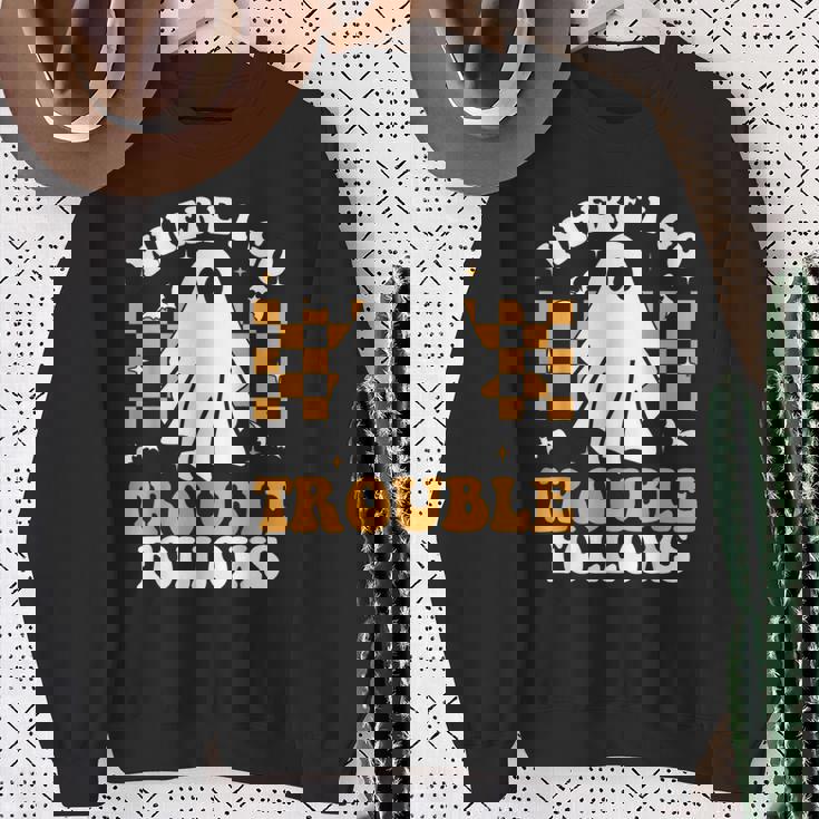 Where I Go Trouble Follows Matching Halloween Pajama Couples Sweatshirt Gifts for Old Women