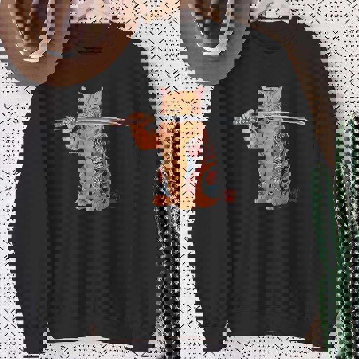 ヤクザ 猫 サムライ タトゥー 日本語 オレンジ 猫 グラフィック スウェットシャツ 年配の女性への贈り物