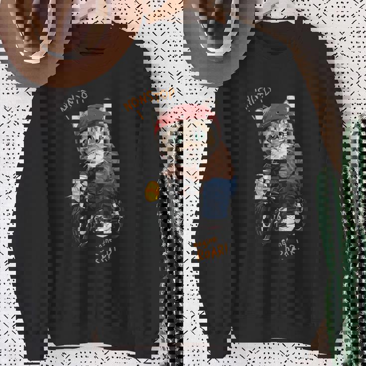 猫 バイク オートバイ おもしろ ねこ ライダース バイカー 面白い ネコ 長袖tシャツ スウェットシャツ 年配の女性への贈り物