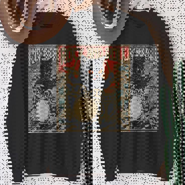 猫 演奏 ドラム ロック オン ヴィンテージ ロック ドラマー 猫 長袖tシャツ スウェットシャツ 年配の女性への贈り物