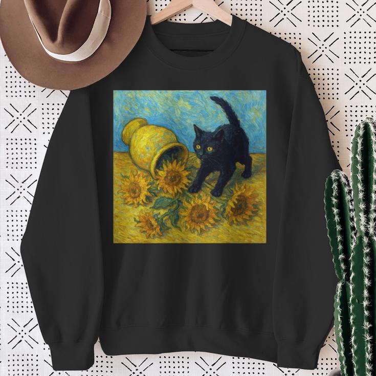 面白いゴッホのひまわり、猫のミーム、黒猫のアート。 長袖tシャツ スウェットシャツ 年配の女性への贈り物
