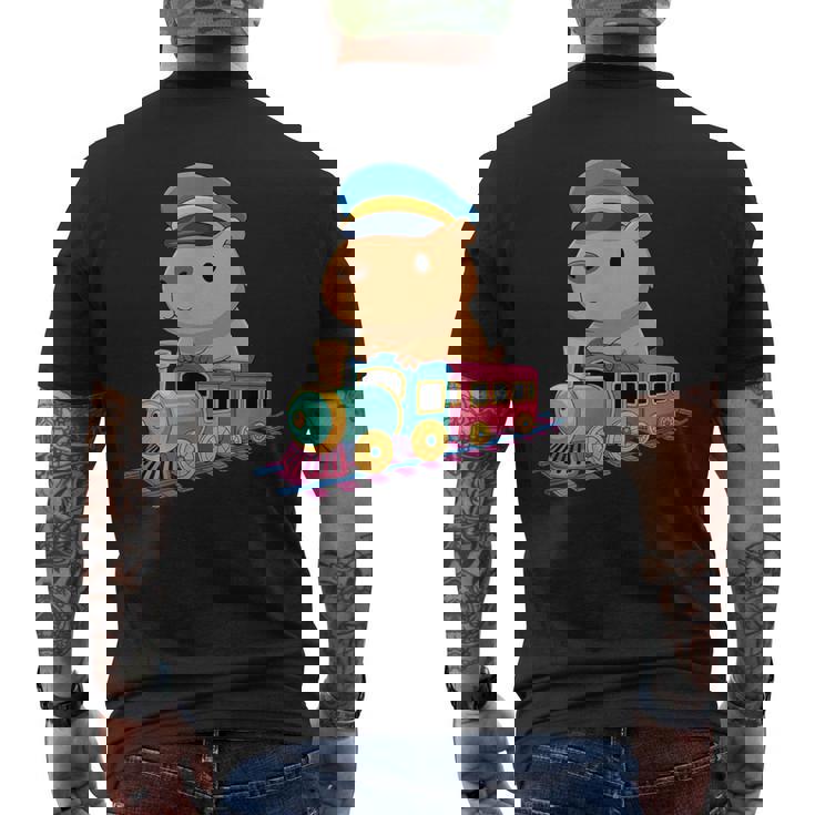 Capybara Riding Train Cute Kawaii Cartoon Rail Adventure メンズTシャツ バックプリント