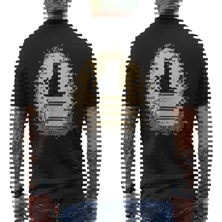 Cute Cat Sitting On Books With Mushrooms Cottage Core Men's T-shirt Back Print