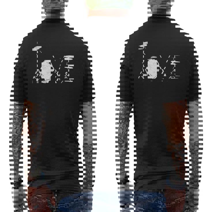 Drummer Love グラフィックドラムセット ドラミングミュージシャン ロックバンド メンズTシャツ バックプリント