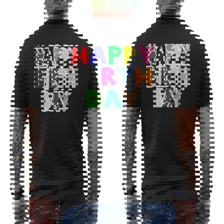 Happy Birthday（ハッピーバースデー）カラフルポップ【お誕生日 プリント】サプライズ 文字 イベントデザイン メンズTシャツ バックプリント