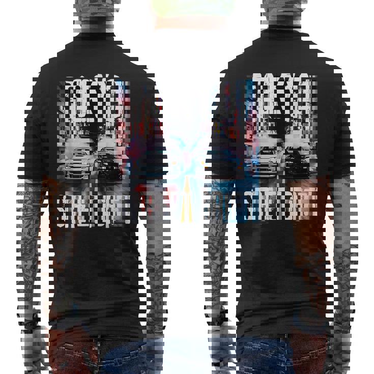Jdm日本人ドリフトレースカー2台 東京ストリートドリフト夜 メンズTシャツ バックプリント
