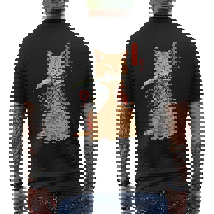 Katana Tatuada De Japón Asiáticoamurai Gato Geekintage Retro Camiseta Hombre Estampado Espalda
