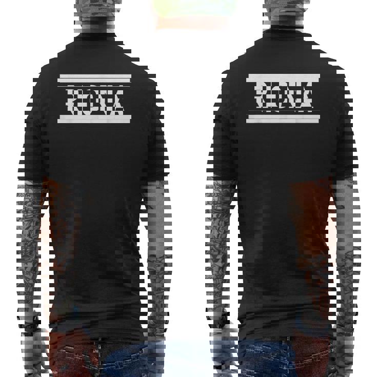 「Riona」ヘボン式「りおな」「リオナ」下の名前 ローマ字 名入れ 名乗り ラテン文字 綴り メンズTシャツ バックプリント