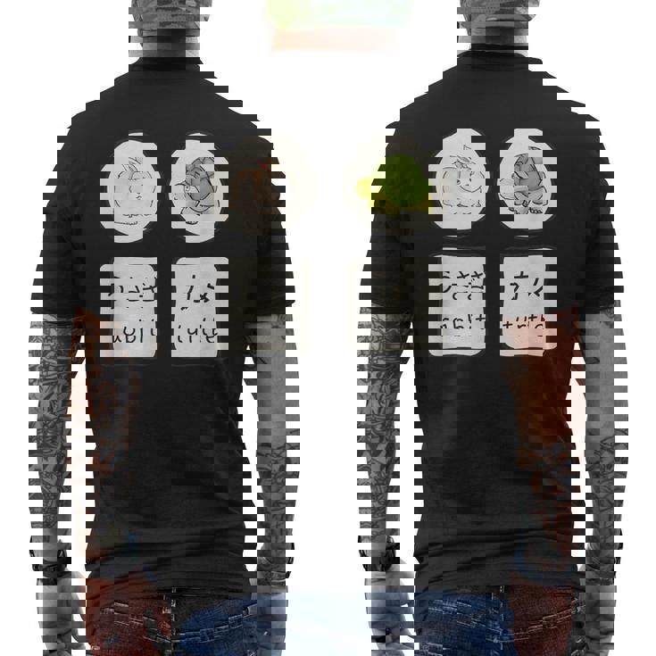 うさぎと亀の日本語かなと英単語かわいい メンズTシャツ バックプリント