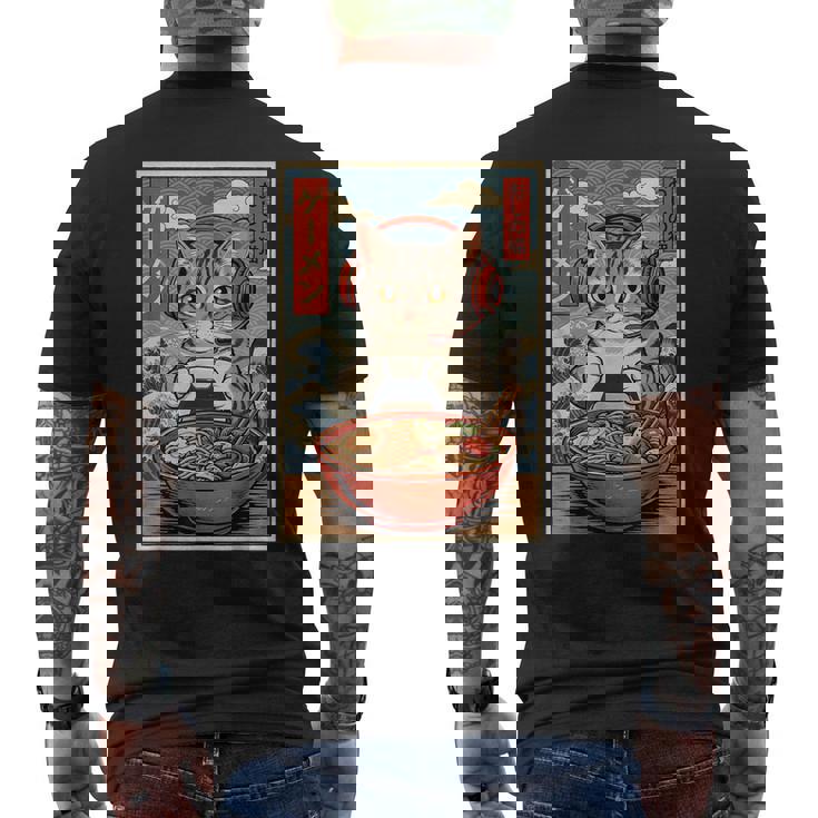 かわいい カワイイ ゲーマー猫 ラーメン ゲーム好き 猫好き向け 面白い デザイン レトロ 和風 日本 アニメ メンズTシャツ バックプリント