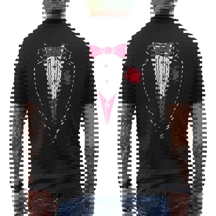 かわいいレッドパピヨンとローズのタキシード。 メンズTシャツ バックプリント