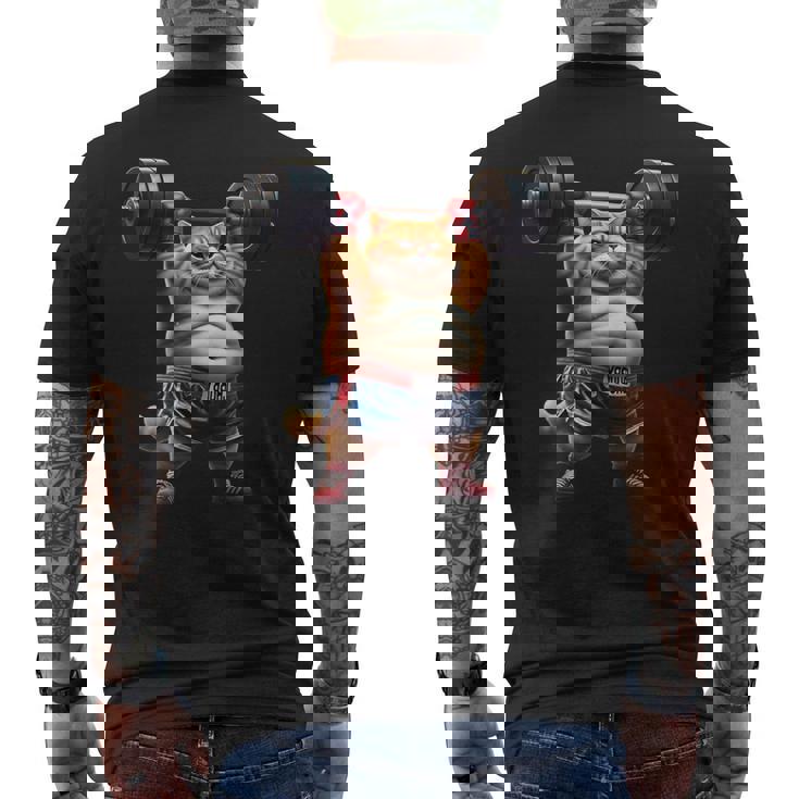 ギャグ ぽっちゃり猫 筋トレ ウエイトリフティング ジム 面白い グラフィック猫ミーム メンズTシャツ バックプリント