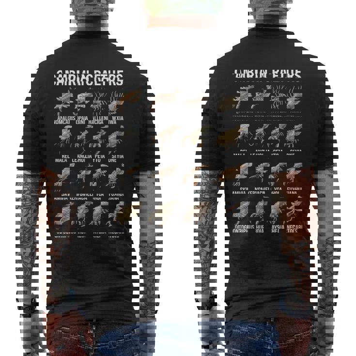 カンブリア紀の生き物チャート先史時代の生活古生物学 メンズTシャツ バックプリント